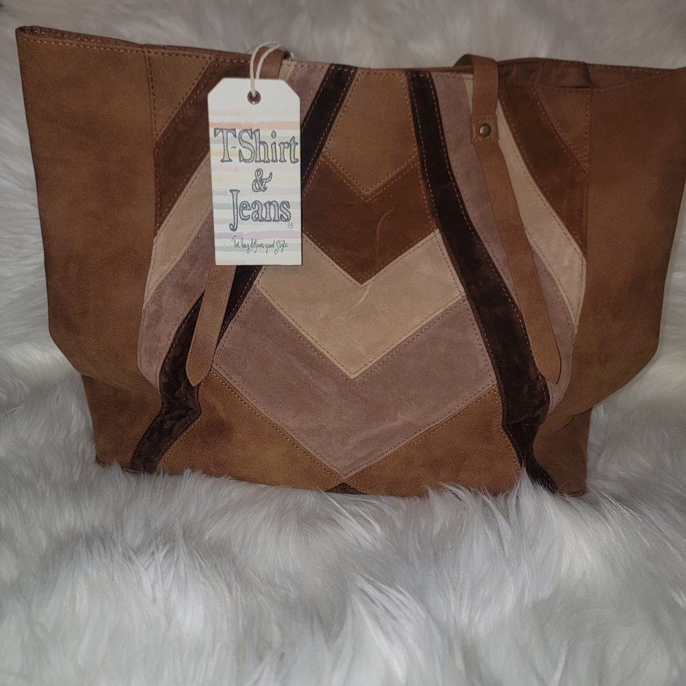 T-Shirt & Jeans Brown Patchwork Tote - Picture 2 of 5
